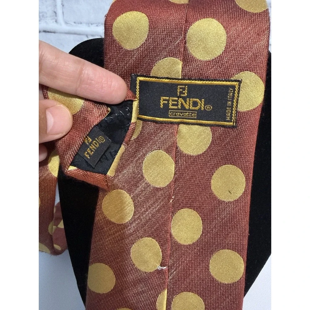 Vintage Fendi Cravatte Silk Necktie Brown Gold Polka Dot Made In Italy Tie